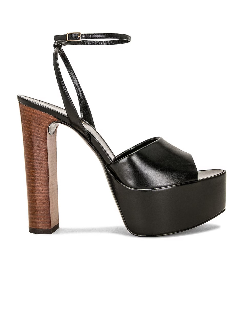 Saint Laurent Jodie Black Leather Platform Sandal with Wood-Tone Heel